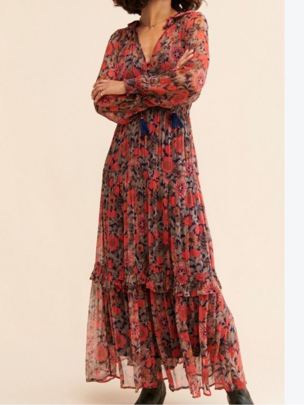 Anthropologie Marais Printed Chiffon Maxi Dress floral red/blue sheer Sz L